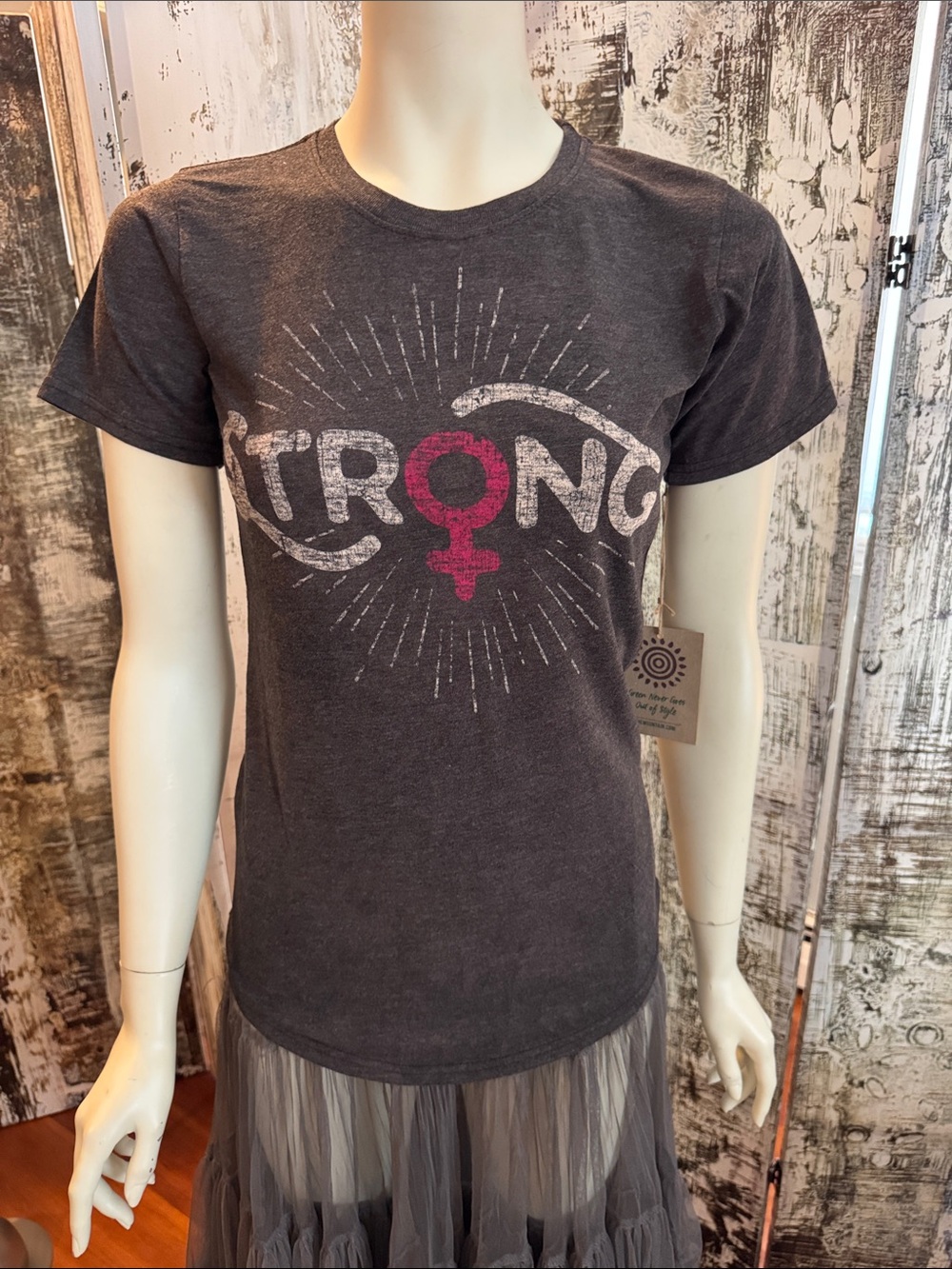 Strong Women! NWT! Soft, distressed look, Scalloped bottom. Small.